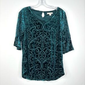 Teal Velvet Burnout Damask Whimsigoth Sheer Blue Green Pullover Blouse SM